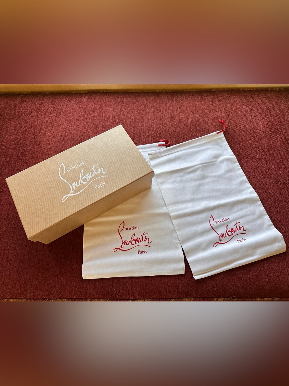 Christian Louboutin Shoe Box and TWO White and Red Cotton Dust Bags